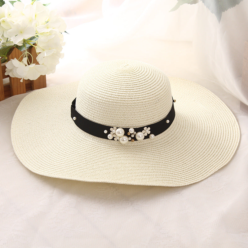 Big Brimmed Hat Beach Sunscreen Foldable Straw Hat With Pearl Rivets