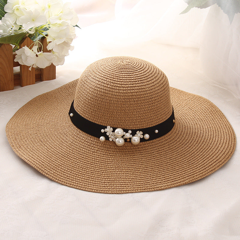 Big Brimmed Hat Beach Sunscreen Foldable Straw Hat With Pearl Rivets