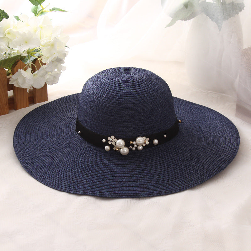 Big Brimmed Hat Beach Sunscreen Foldable Straw Hat With Pearl Rivets