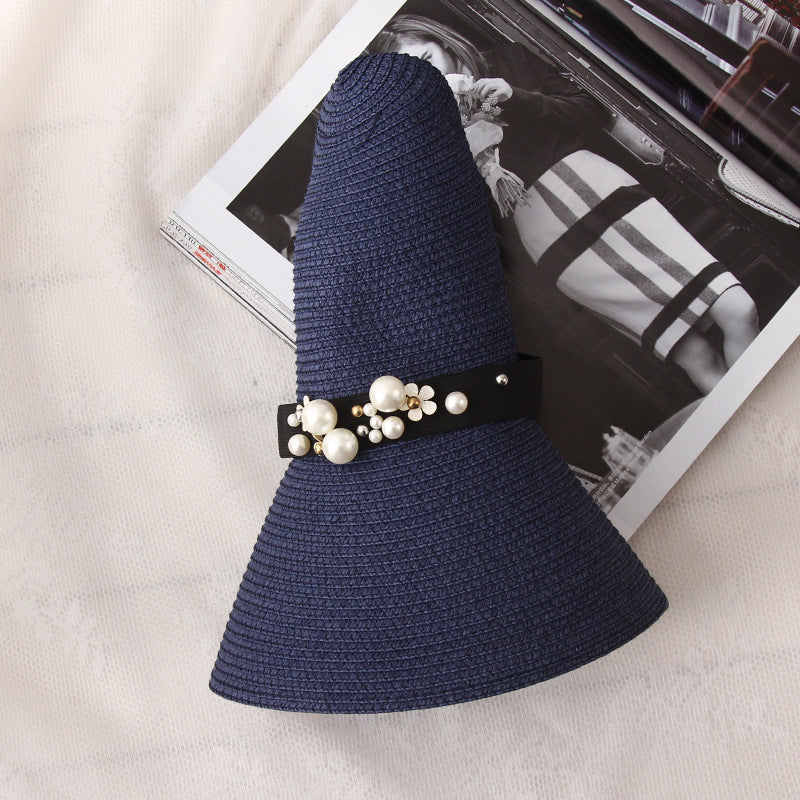 Big Brimmed Hat Beach Sunscreen Foldable Straw Hat With Pearl Rivets