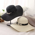 Big Brimmed Hat Beach Sunscreen Foldable Straw Hat With Pearl Rivets