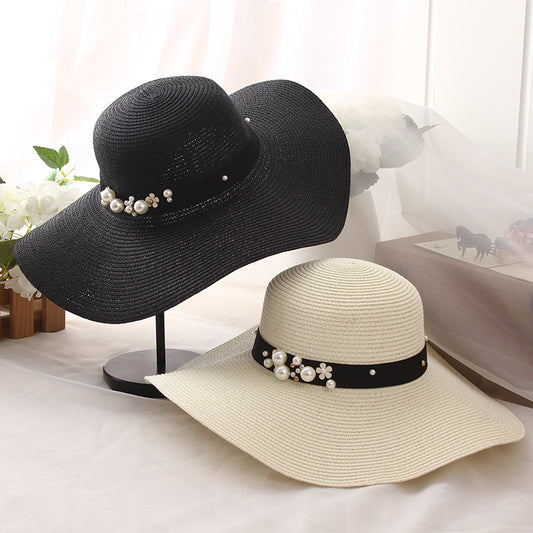 Big Brimmed Hat Beach Sunscreen Foldable Straw Hat With Pearl Rivets