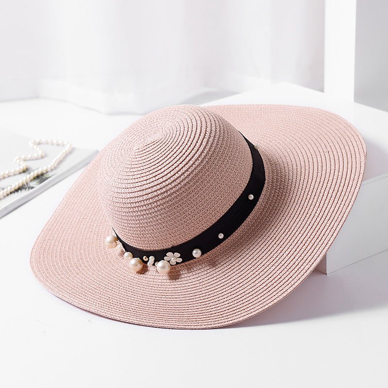 Big Brimmed Hat Beach Sunscreen Foldable Straw Hat With Pearl Rivets