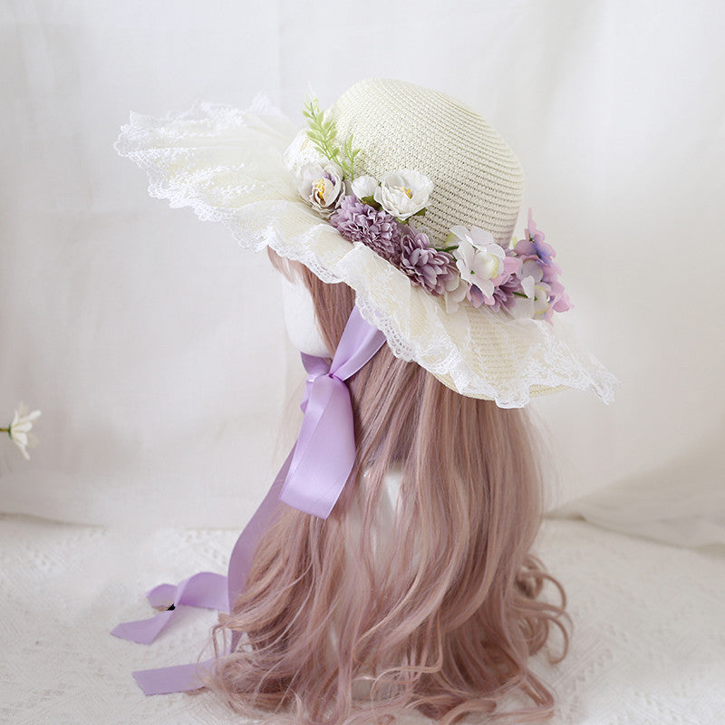 Sun Hat Travel Photo Flower Bow Lace Large Wide-brimmed Sun Hat