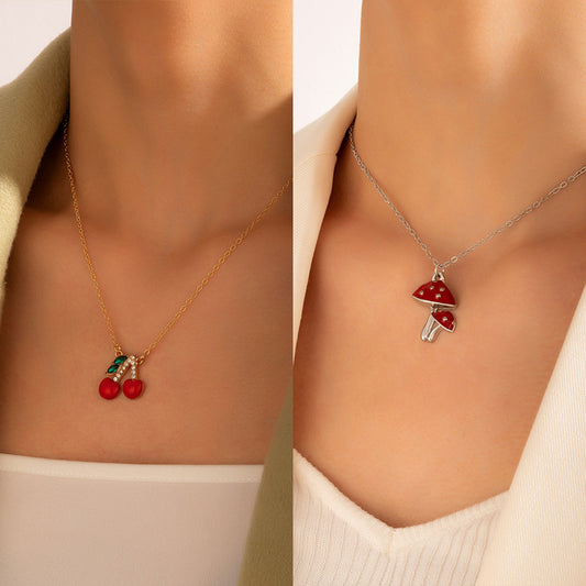 Diamond Cherry Single Necklace Red Mushroom Oil Clavicle Chain