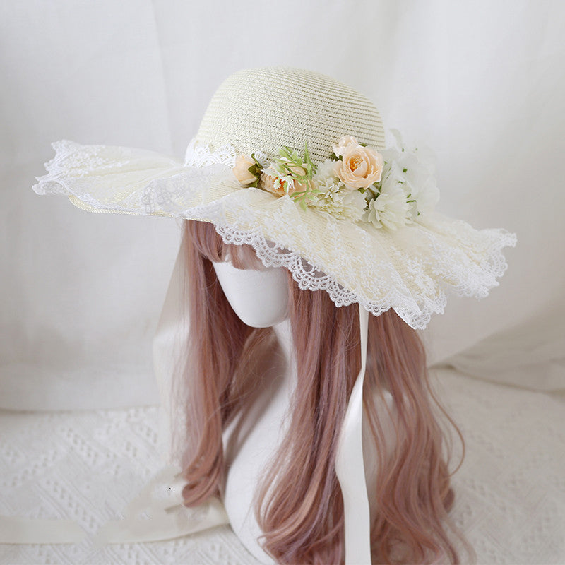 Sun Hat Travel Photo Flower Bow Lace Large Wide-brimmed Sun Hat